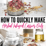 How to Quickly Make Herbal Infused Carrier Oils: Rose, Lavender and Calendula herbs being infused in a jar of carrier oil.