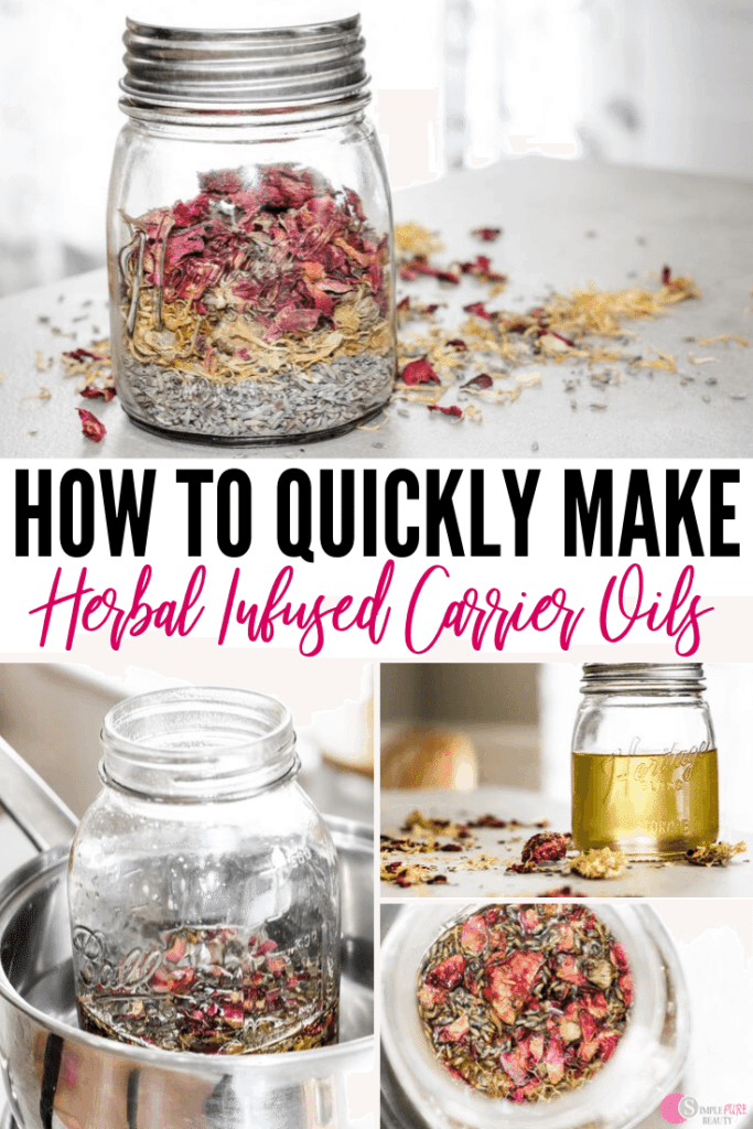 How to Quickly Make Herbal Infused Carrier Oils: Rose, Lavender and Calendula herbs being infused in a jar of carrier oil.