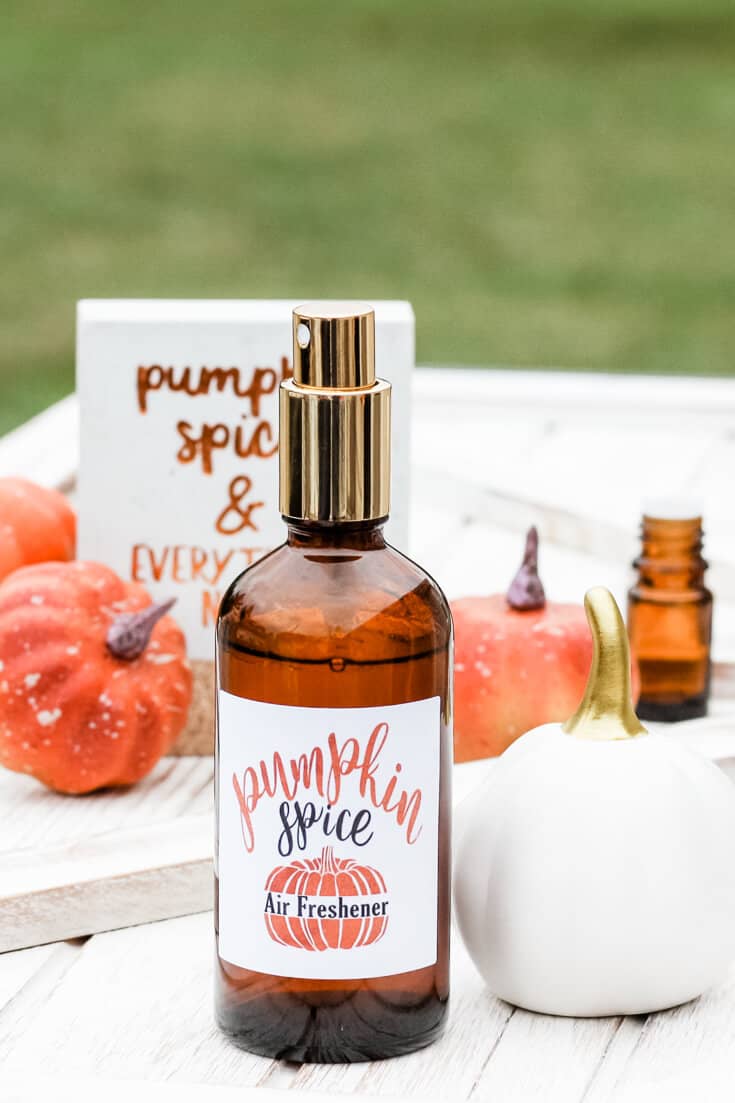 Bottle of diy pumpkin spice essential oil room spray.