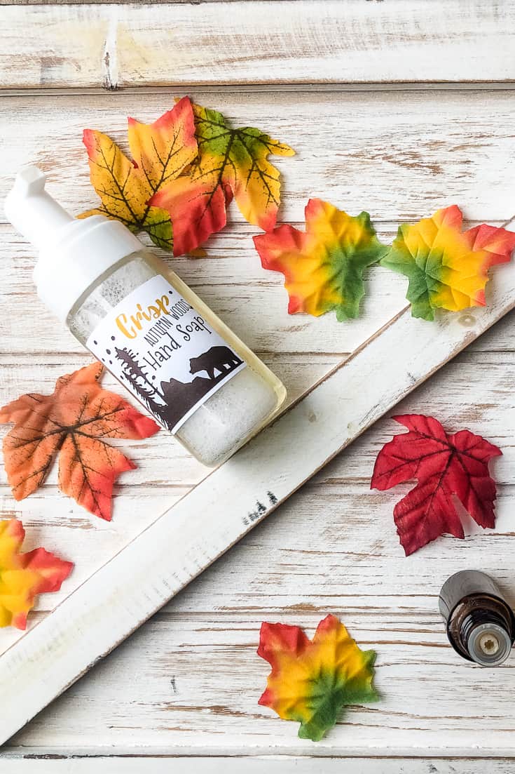 Bottle of fall foaming hand soap: autumn woods essential oil blend